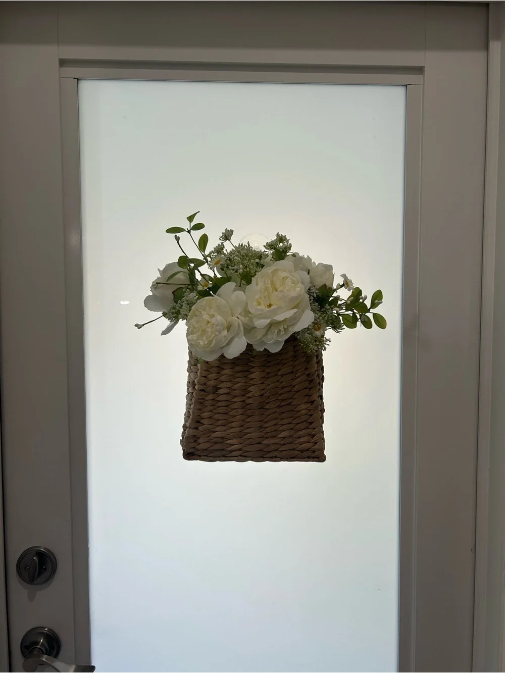 Artificial White Peony Arrangement in Woven Basket - Home Accents